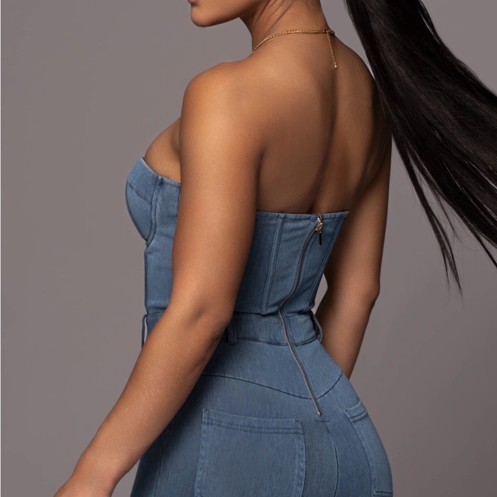 Sexy Blue Denim Corset Jumpsuit - Picture 2 of 8